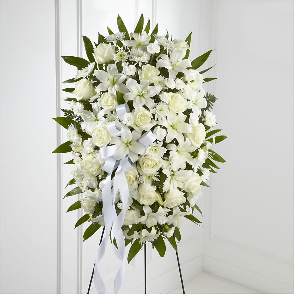 Exquisite Tribute Standing Spray-White Ribbon – Safeway Norcal, Pleasanton CA