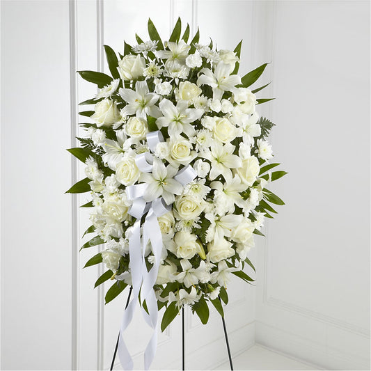 Exquisite Tribute Standing Spray-White Ribbon – Safeway Norcal, Pleasanton CA