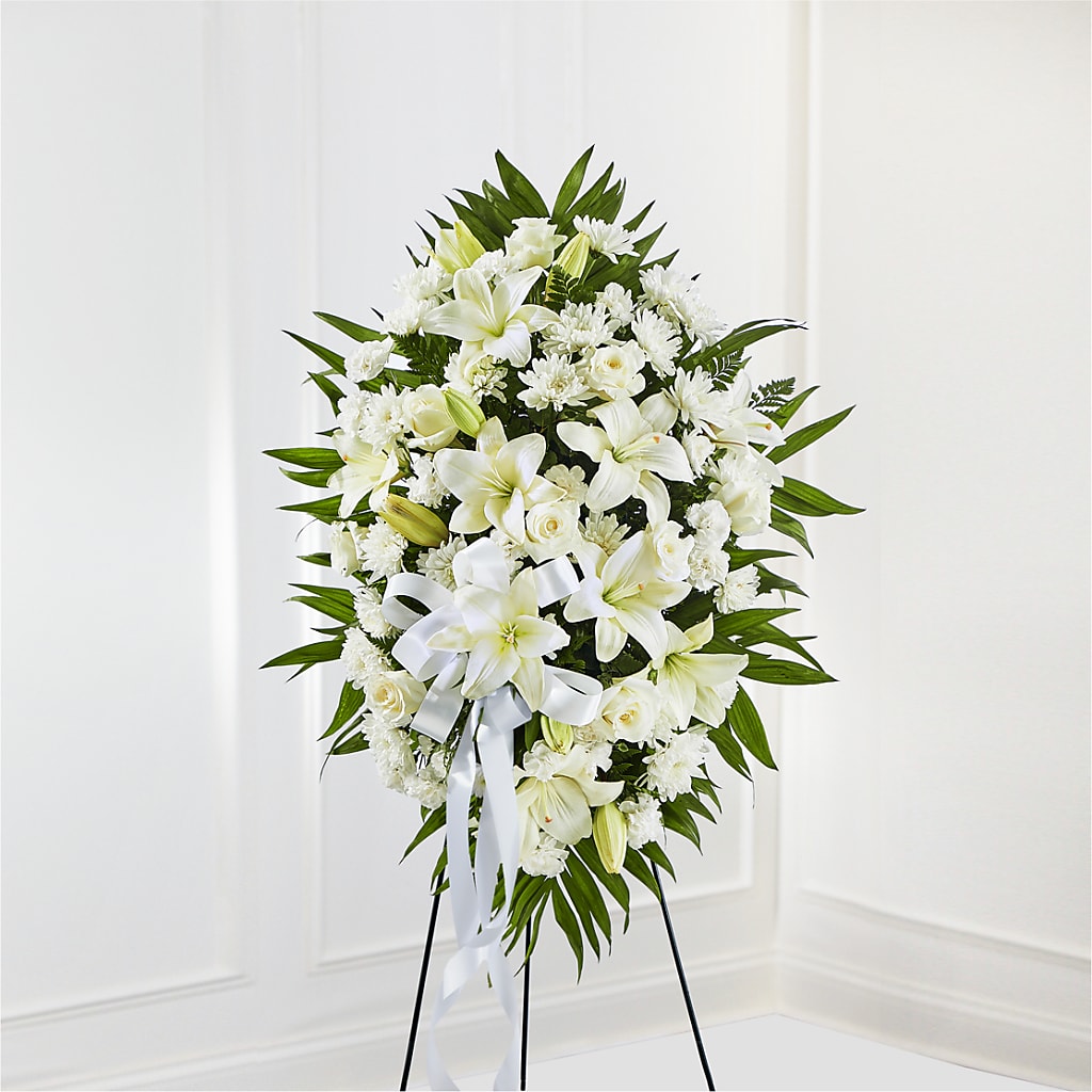Exquisite Tribute Standing Spray-White Ribbon – Safeway Norcal, Pleasanton CA