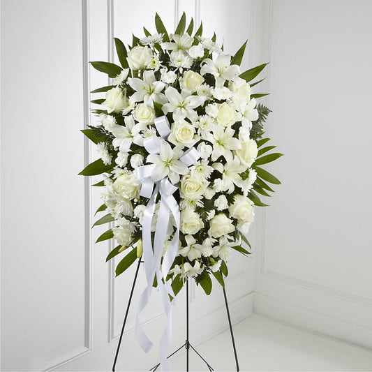Exquisite Tribute Standing Spray-White Ribbon –  Safeway Norcal, Pleasanton CA